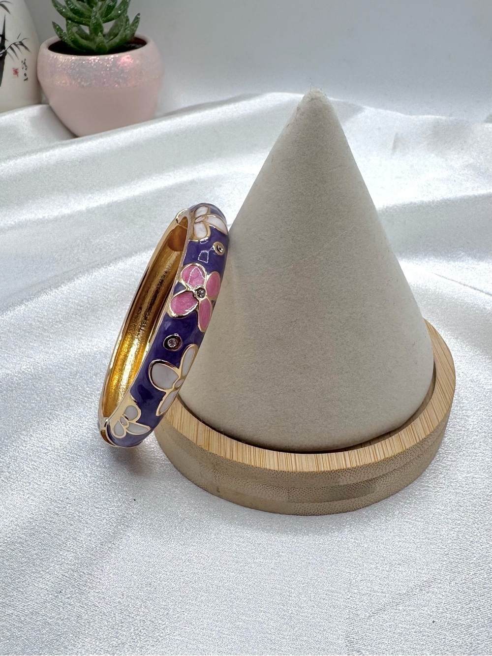 Floral Enamel Bangle Bracelet in Purple and Pink